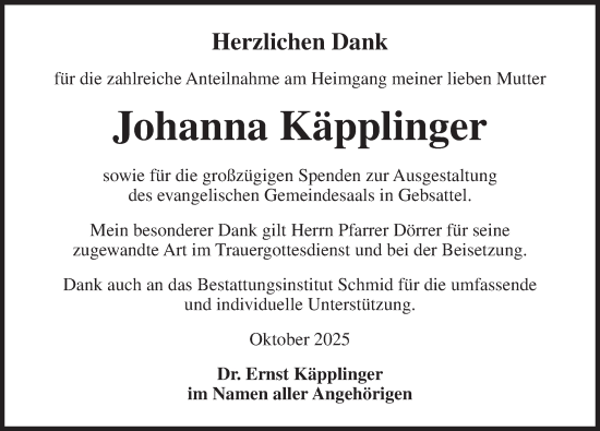 Traueranzeige von Johanna Käpplinger von Rothenburg