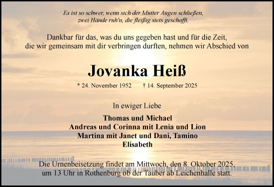 Traueranzeige von Jovanka Heiß von Rothenburg