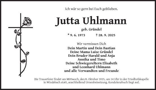 Traueranzeige von Jutta Uhlmann von Ansbach