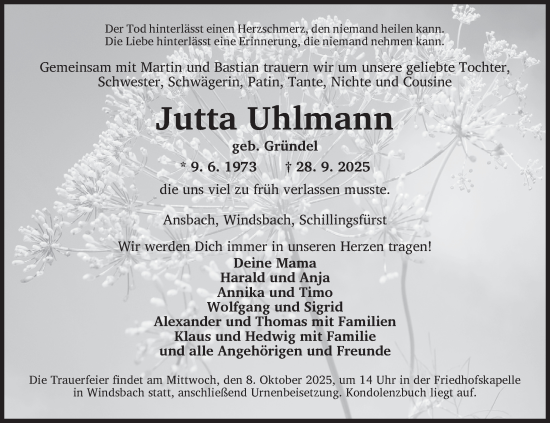 Traueranzeige von Jutta Uhlmann von Ansbach