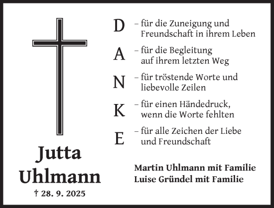 Traueranzeige von Jutta Uhlmann von Ansbach