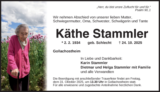 Traueranzeige von Käthe Stammler von Neustadt/ Scheinfeld/ Uffenheim