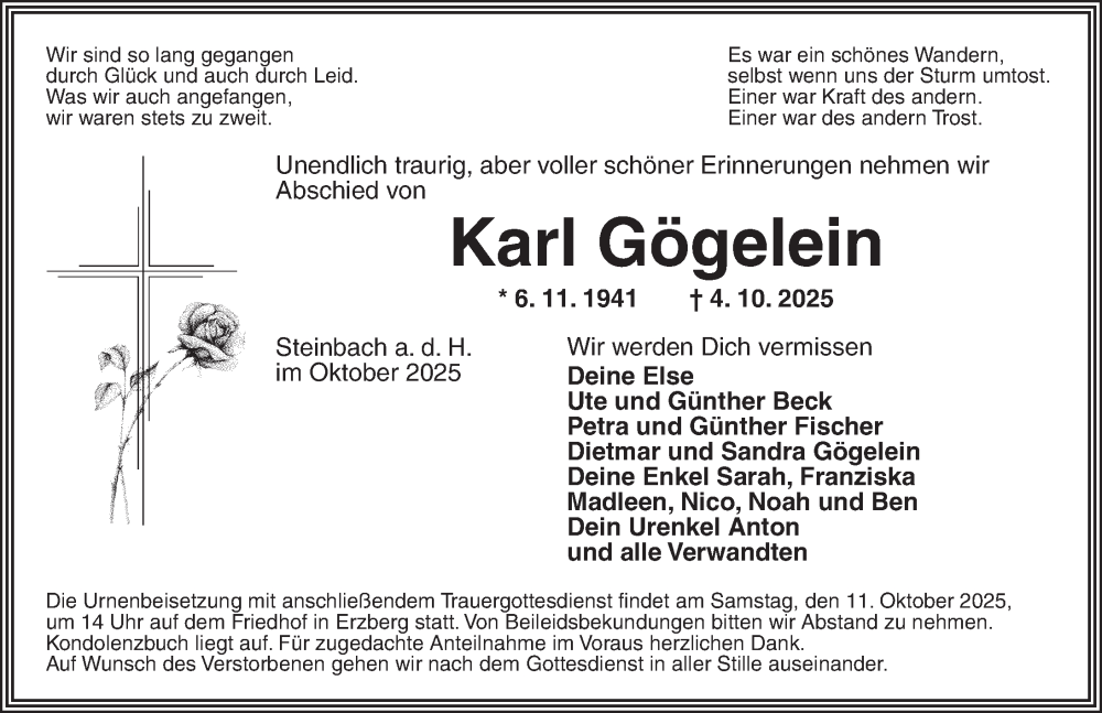  Traueranzeige für Karl Gögelein vom 09.10.2025 aus Rothenburg