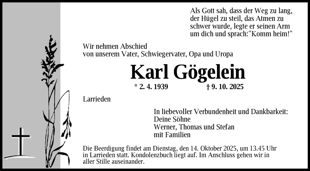  Traueranzeige für Karl Gögelein vom 13.10.2025 aus Dinkelsbühl/ Feuchtwangen