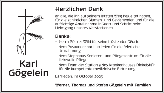 Traueranzeige von Karl Gögelein von Dinkelsbühl/ Feuchtwangen