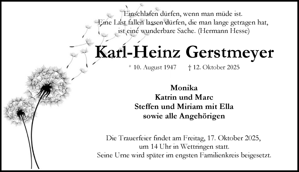  Traueranzeige für Karl-Heinz Gerstmeyer vom 15.10.2025 aus Rothenburg