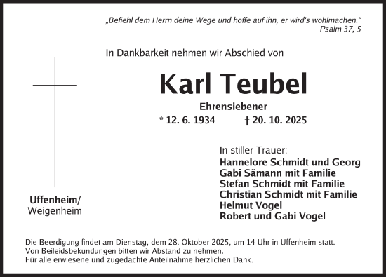 Traueranzeige von Karl Teubel von Neustadt/ Scheinfeld/ Uffenheim