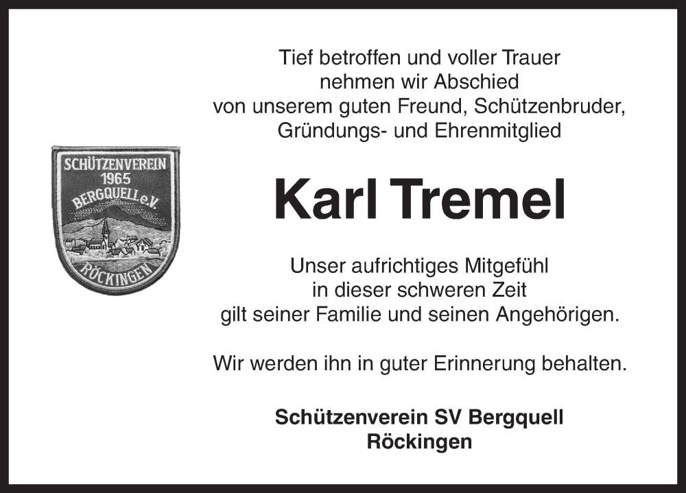  Traueranzeige für Karl Tremel vom 01.10.2025 aus Dinkelsbühl/ Feuchtwangen