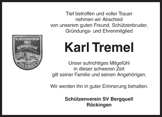 Traueranzeige von Karl Tremel von Dinkelsbühl/ Feuchtwangen