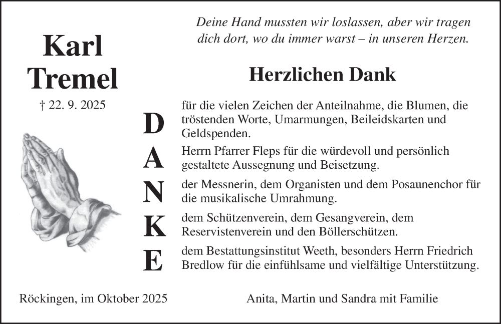  Traueranzeige für Karl Tremel vom 11.10.2025 aus Dinkelsbühl/ Feuchtwangen