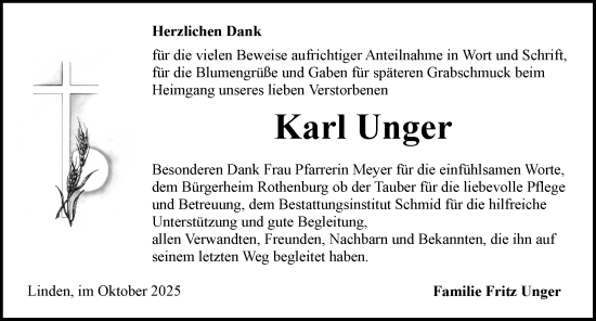 Traueranzeige von Karl Unger von Rothenburg