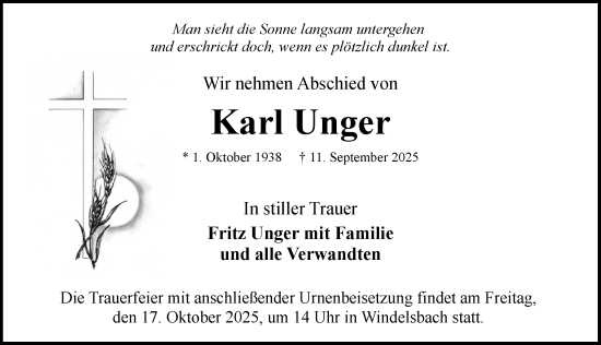 Traueranzeige von Karl Unger von Rothenburg