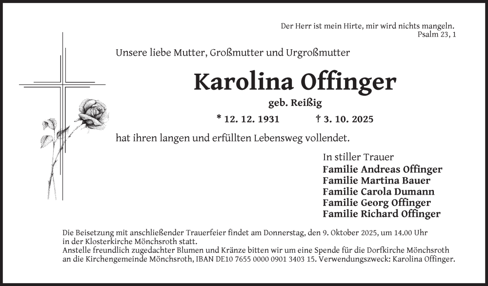  Traueranzeige für Karolina Offinger vom 07.10.2025 aus Dinkelsbühl/ Feuchtwangen