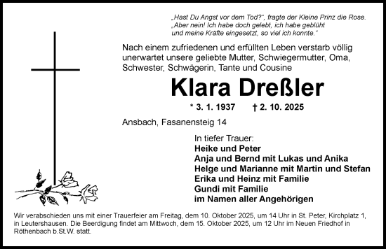 Traueranzeige von Klara Dreßler von Ansbach