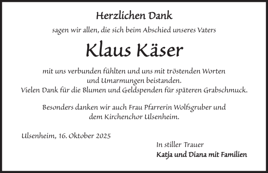 Traueranzeige von Klaus Käser von Neustadt/ Scheinfeld/ Uffenheim