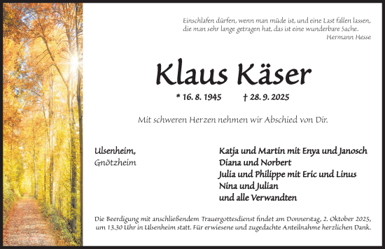 Traueranzeige von Klaus Käser von Neustadt/ Scheinfeld/ Uffenheim