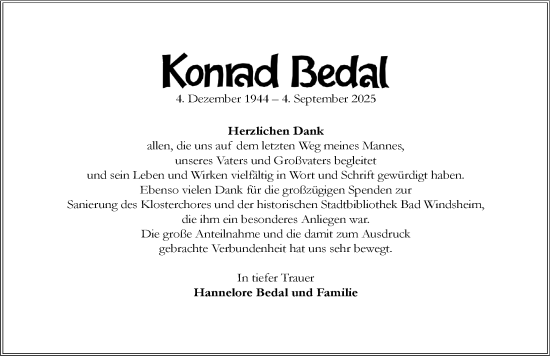 Traueranzeige von Konrad Bedal von Neustadt/ Scheinfeld/ Uffenheim