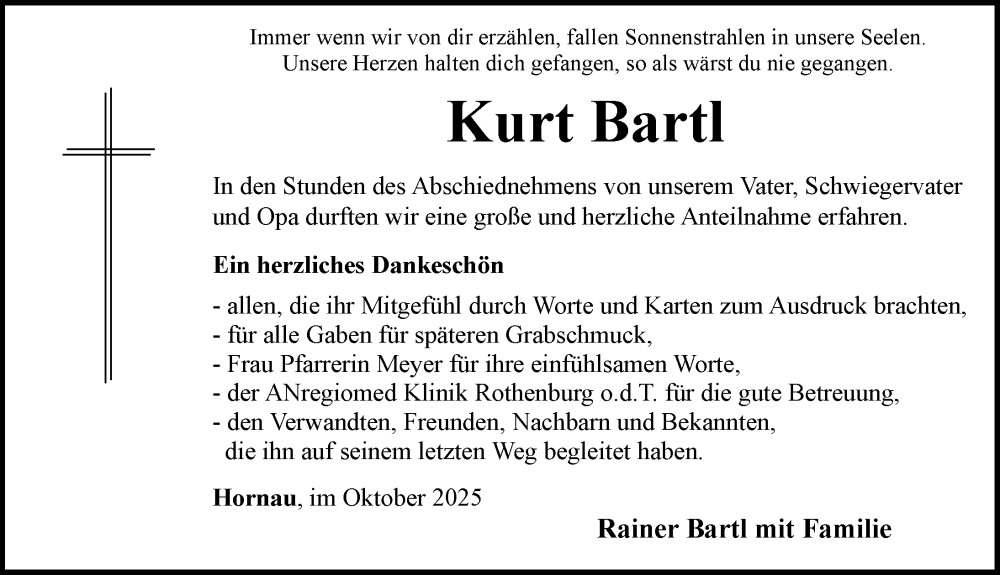  Traueranzeige für Kurt Bartl vom 11.10.2025 aus Rothenburg