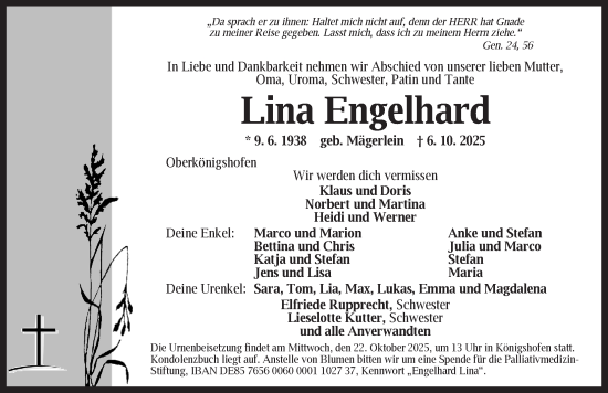 Traueranzeige von Lina Engelhard von Dinkelsbühl/ Feuchtwangen
