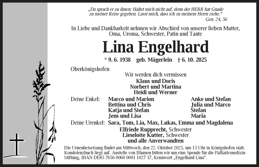  Traueranzeige für Lina Engelhard vom 18.10.2025 aus Dinkelsbühl/ Feuchtwangen