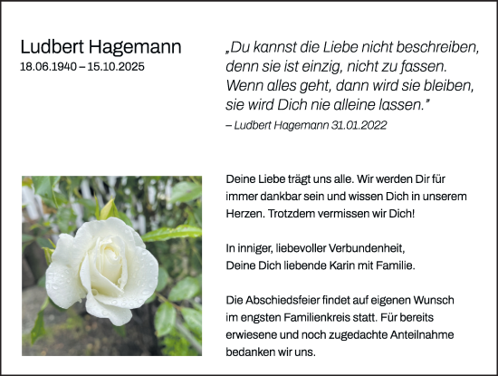 Traueranzeige von Ludbert Hagemann von Rothenburg