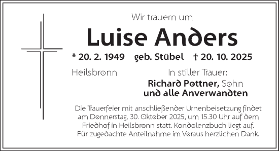 Traueranzeige von Luise Anders von Ansbach