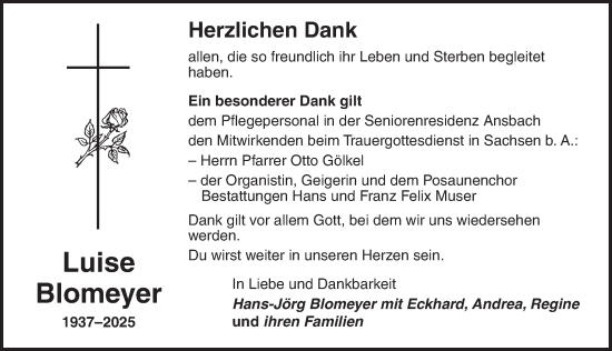 Traueranzeige von Luise Blomeyer von Ansbach