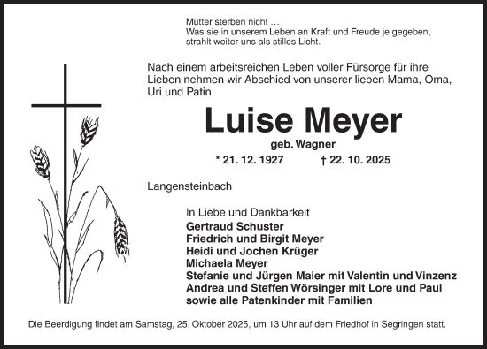 Traueranzeige von Luise Meyer von Dinkelsbühl/ Feuchtwangen