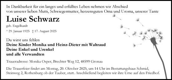 Traueranzeige von Luise Schwarz von Rothenburg