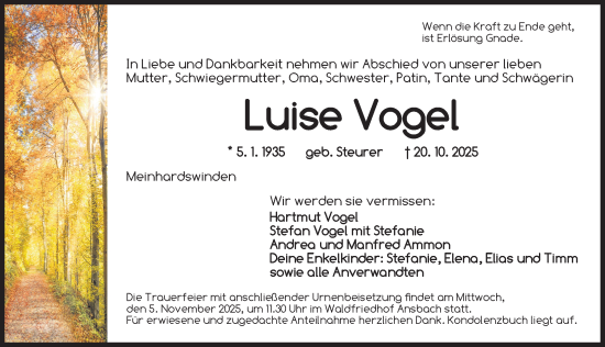 Traueranzeige von Luise Vogel von Ansbach