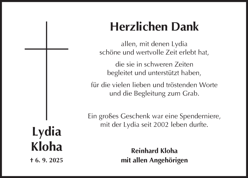  Traueranzeige für Lydia Kloha vom 04.10.2025 aus Neustadt/ Scheinfeld/ Uffenheim
