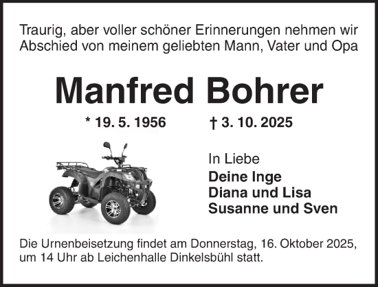 Traueranzeige von Manfred Bohrer von Dinkelsbühl/ Feuchtwangen