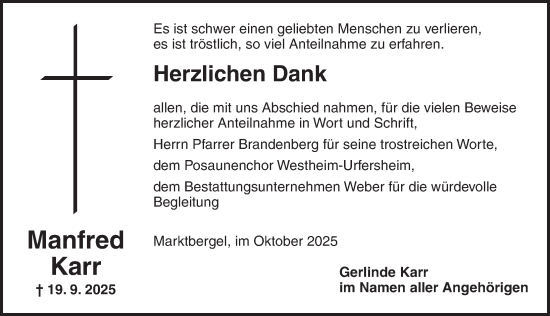 Traueranzeige von Manfred Karr von Neustadt/ Scheinfeld/ Uffenheim