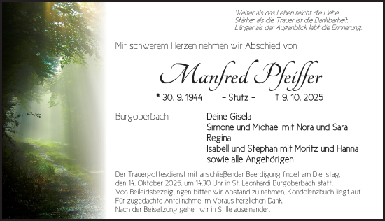 Traueranzeige von Manfred Pfeiffer von Ansbach