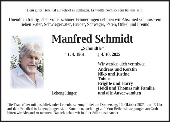 Traueranzeige von Manfred Schmidt von Dinkelsbühl/ Feuchtwangen