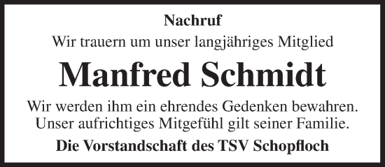 Traueranzeige von Manfred Schmidt von Dinkelsbühl/ Feuchtwangen