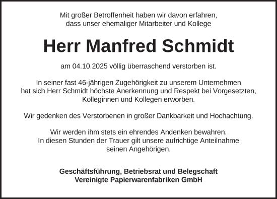 Traueranzeige von Manfred Schmidt von Dinkelsbühl/ Feuchtwangen