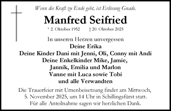 Traueranzeige von Manfred Seifried von Rothenburg