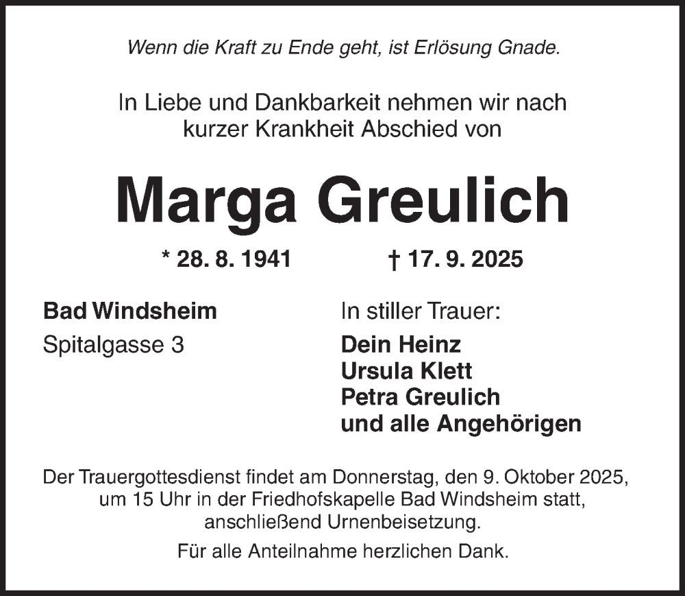  Traueranzeige für Marga Greulich vom 08.10.2025 aus Neustadt/ Scheinfeld/ Uffenheim
