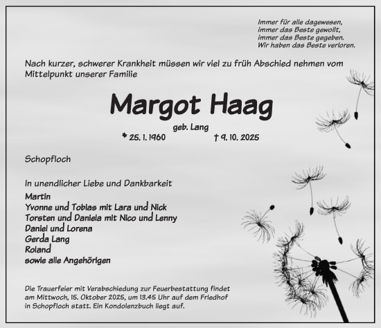 Traueranzeige von Margot Haag von Dinkelsbühl/ Feuchtwangen