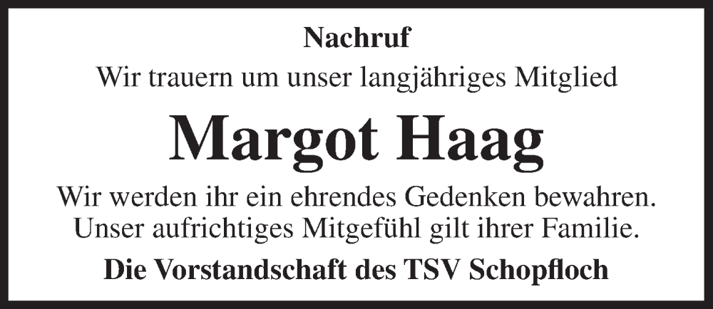  Traueranzeige für Margot Haag vom 14.10.2025 aus Dinkelsbühl/ Feuchtwangen