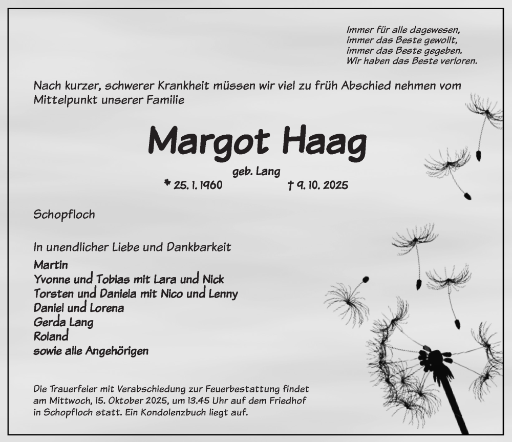  Traueranzeige für Margot Haag vom 11.10.2025 aus Dinkelsbühl/ Feuchtwangen