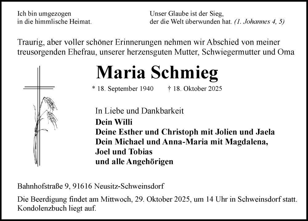  Traueranzeige für Maria Schmieg vom 25.10.2025 aus Rothenburg
