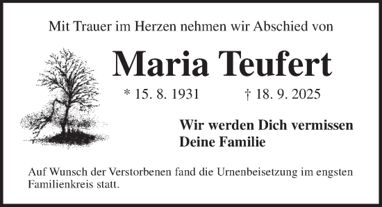 Traueranzeige von Maria Teufert von Neustadt/ Scheinfeld/ Uffenheim