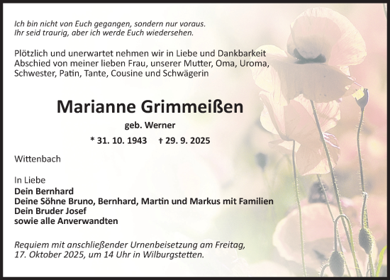 Traueranzeige von Marianne Grimmeißen von Dinkelsbühl/ Feuchtwangen