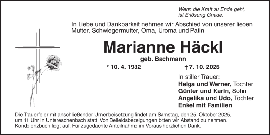 Traueranzeige von Marianne Häckl von Ansbach