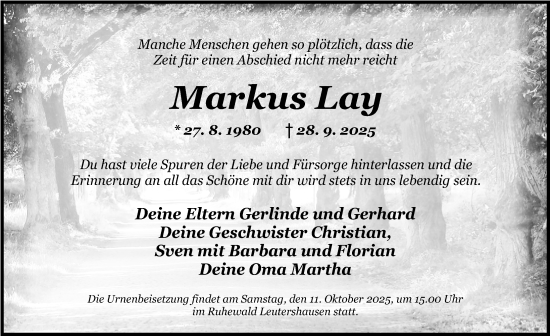 Traueranzeige von Markus Lay von Rothenburg