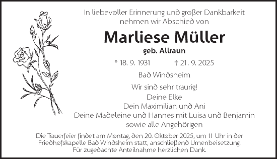 Traueranzeige von Marliese Müller von Neustadt/ Scheinfeld/ Uffenheim