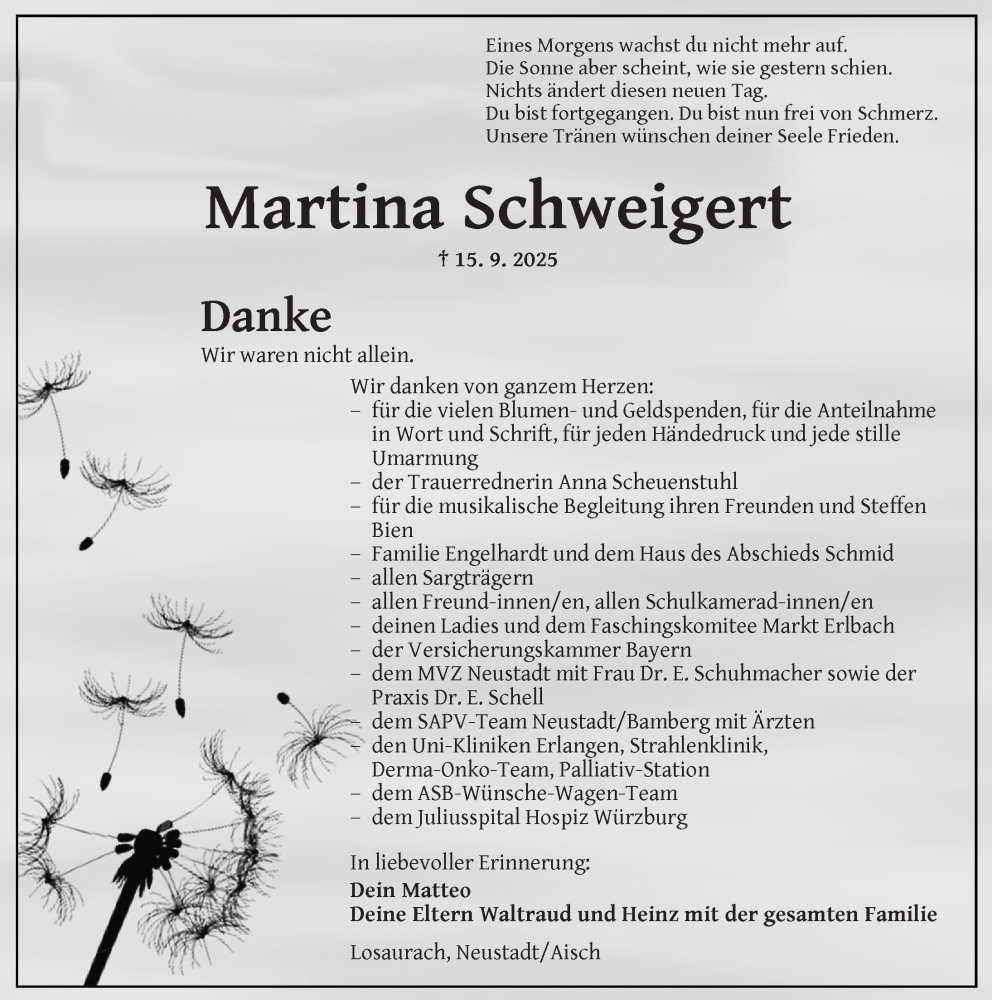  Traueranzeige für Martina Schweigert vom 04.10.2025 aus Neustadt/ Scheinfeld/ Uffenheim