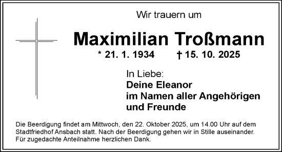 Traueranzeige von Maximilian Troßmann von Ansbach
